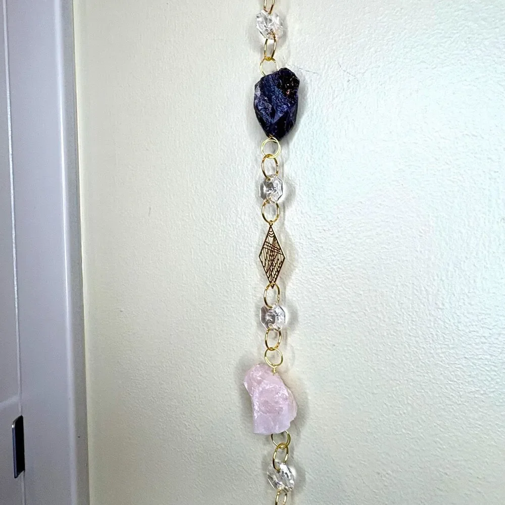 Raw Amethyst, Rose Quartz, Crystal Quartz Gemstone Wall Hanging, Crystal Prism